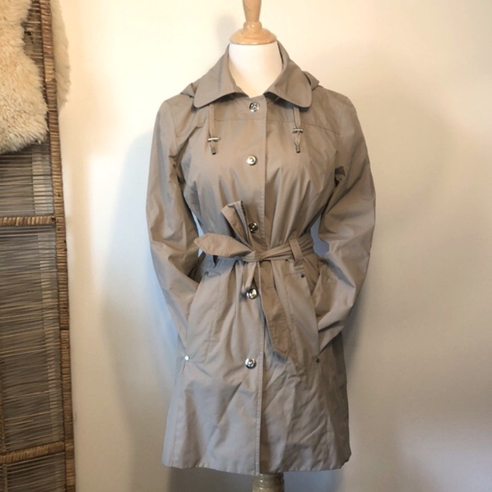 JASON KOLE-Tan Hooded Tie Front Trench Coat/Jacket-Size Small